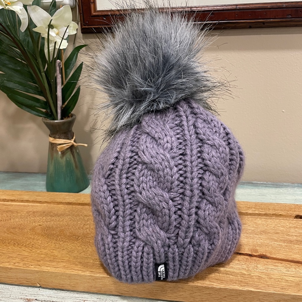 The North Face Cozy Knit Pom-Pom Beanie Purple/Gray SZ Youth S/P